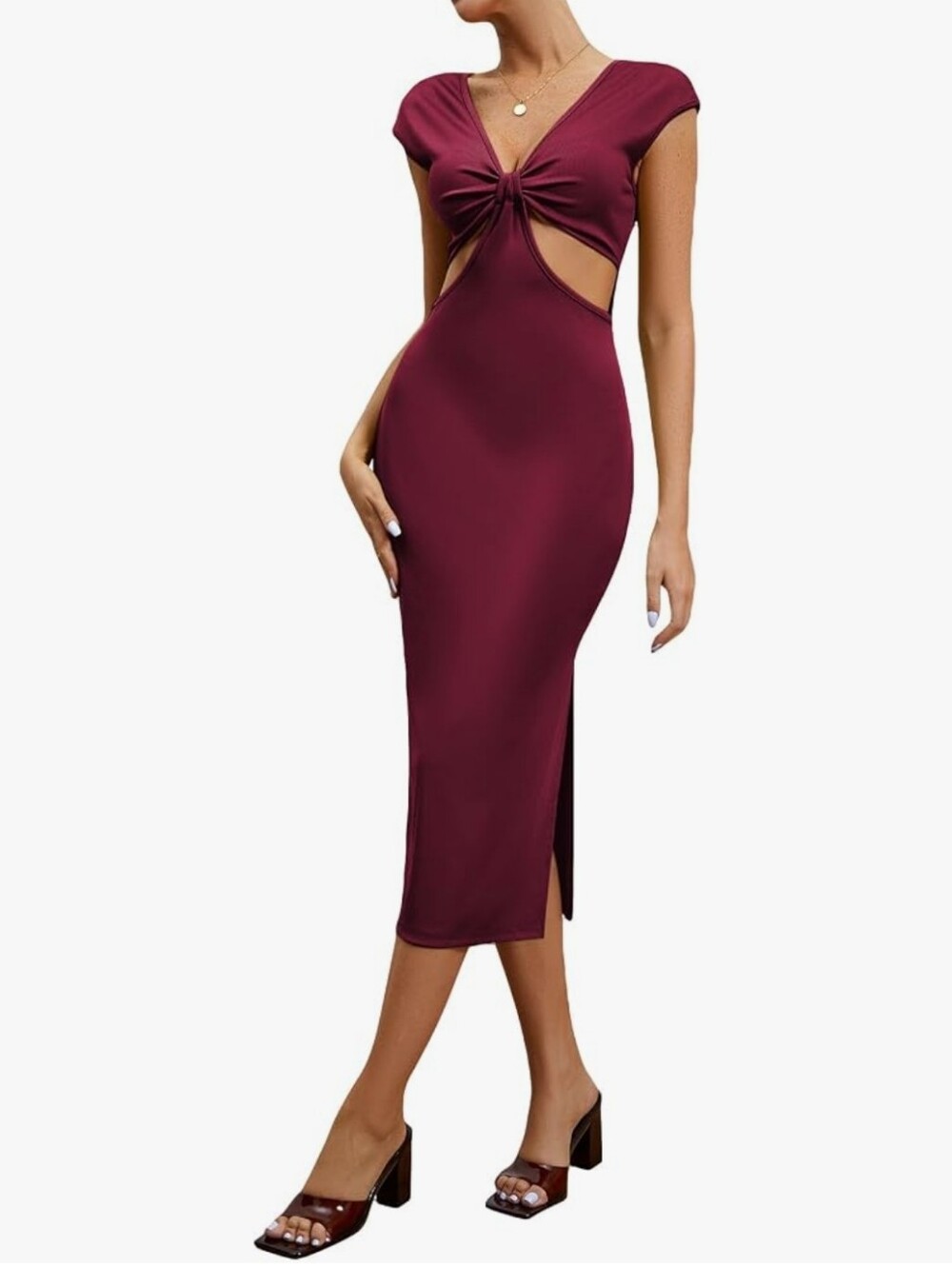 Cut Out Twist Front Dress Elegant Deep V Neck Bodycon Split Midi Evening Party S